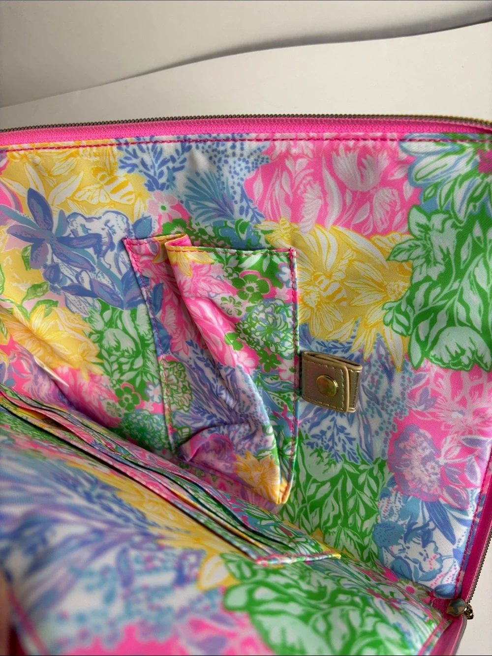 Lilly Pulitzer Gold Metallic Cosmetic Pouch with Pink Trim